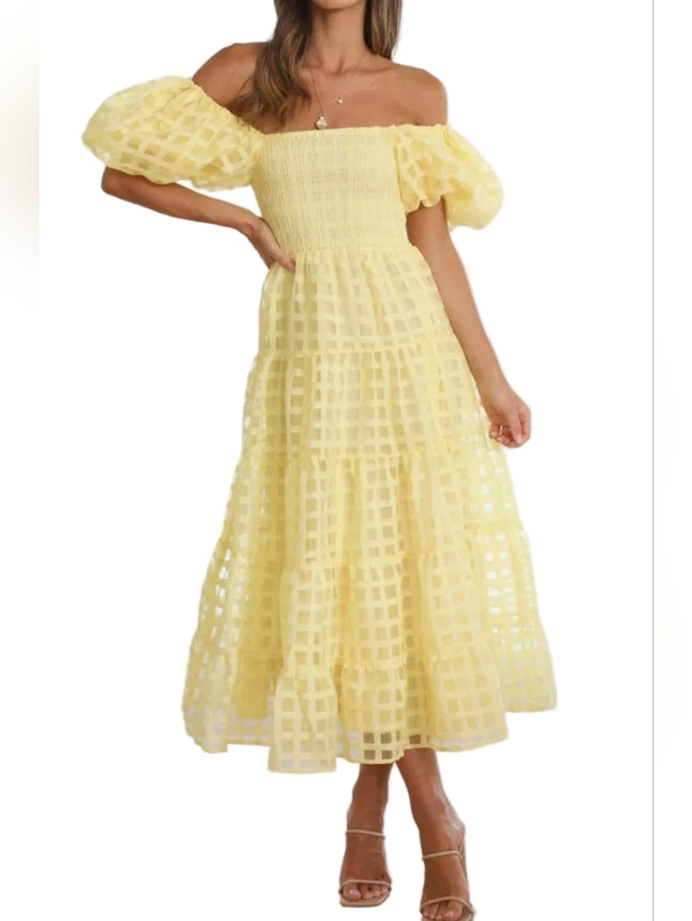 Off Shoulder Short Puff Sleeve Elastic Smocked Bodice Tiered A-line Midi Dress - Picture 8 of 14